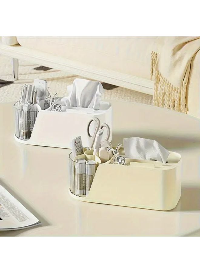 Beige Rotating Desktop Tissue Box With Phone Pen Storage Space Saving Office Home Accessory - Image 2